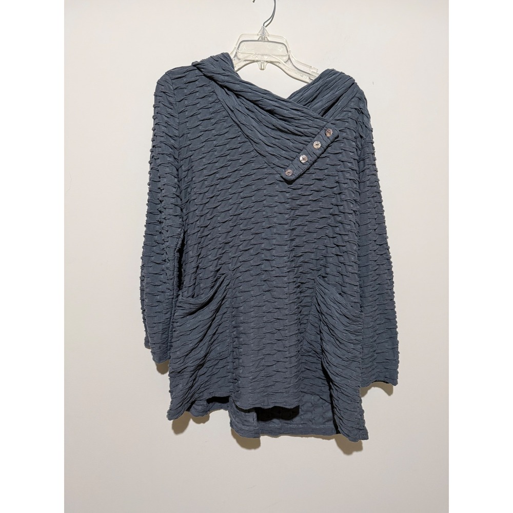 Toofan Charcoal Gray Textured Knit Tunic Crossover Button Cowl Neck Top XL